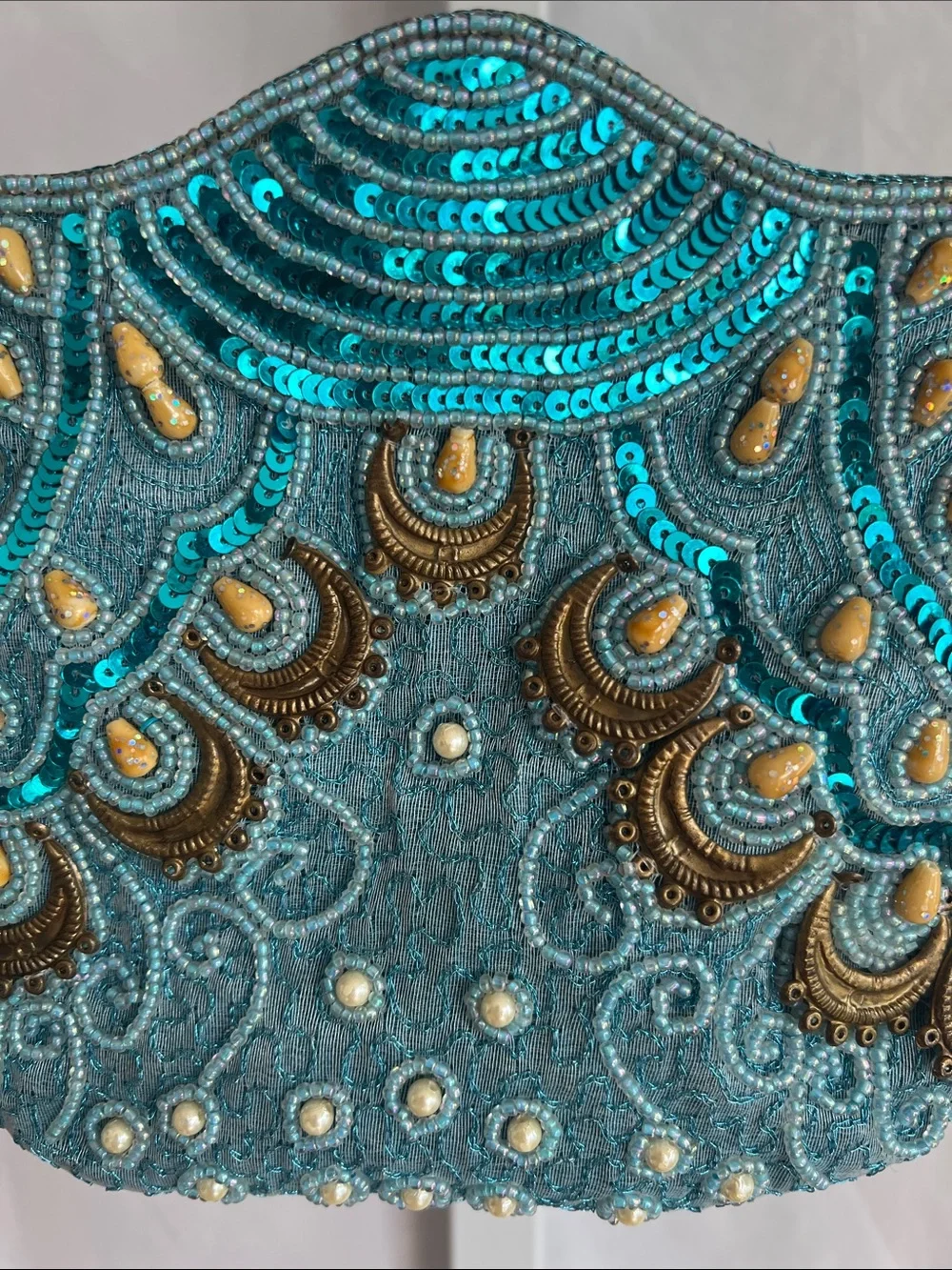 Embellished Vintage Turquoise Sequin Shoulder Bag Peacock Design Beaded Strap